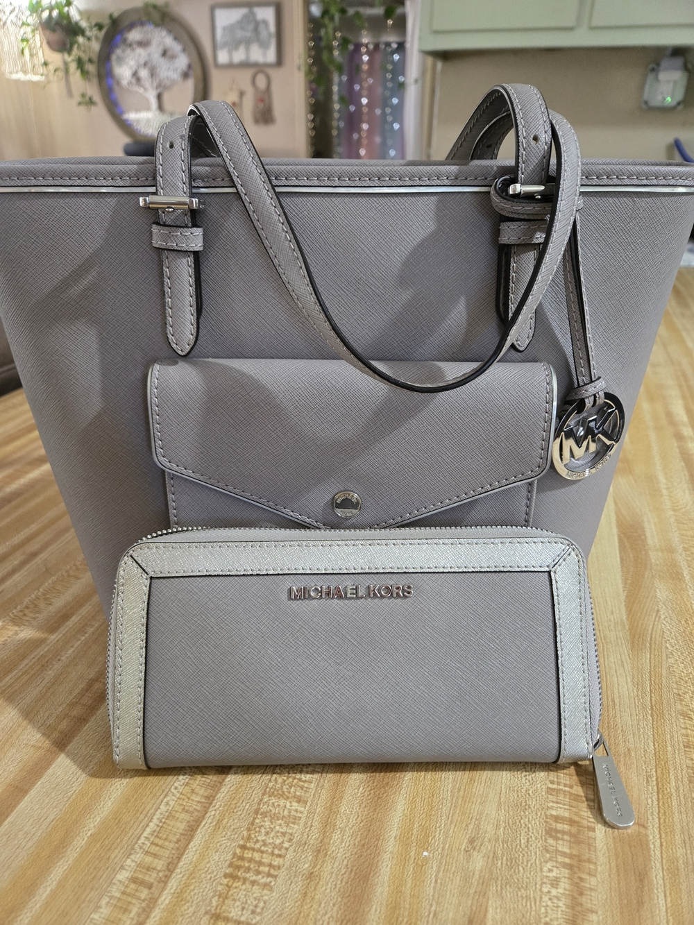 Michael Kors Light Gray Saffiano Tote with Matching Wallet and Card Pouch